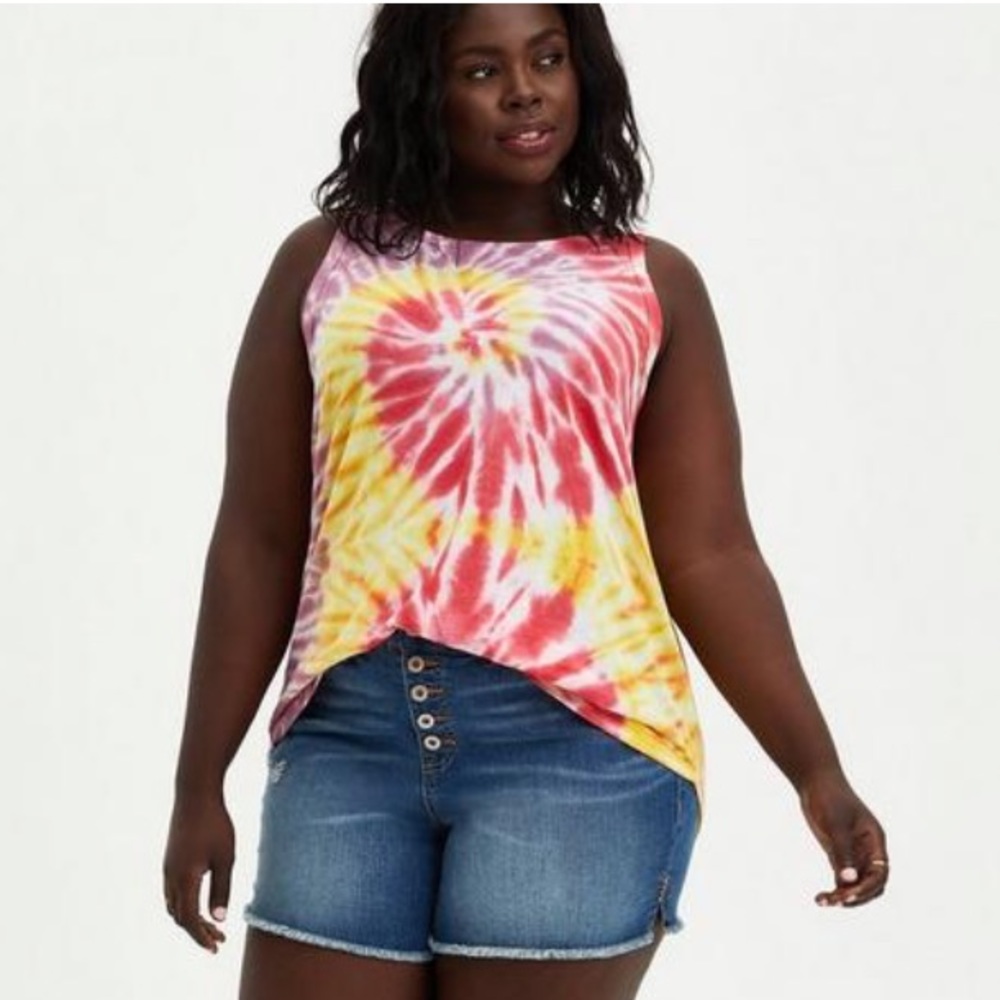 Torrid Pink Purple & Yellow Tie Dye Triblend Wide Neck Rib Trim Tank